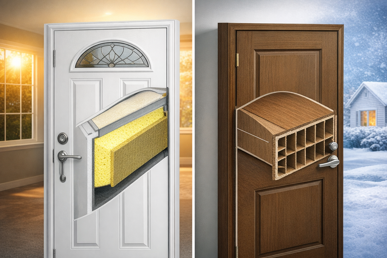 A fiberglass door with polyurethane foam core can reduce heating and cooling costs by up to 15% compared to a hollow-core door.